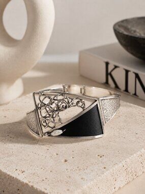 Vintage Sterling Silver Modernist Bracelet Black Leather Pearl Poland 925